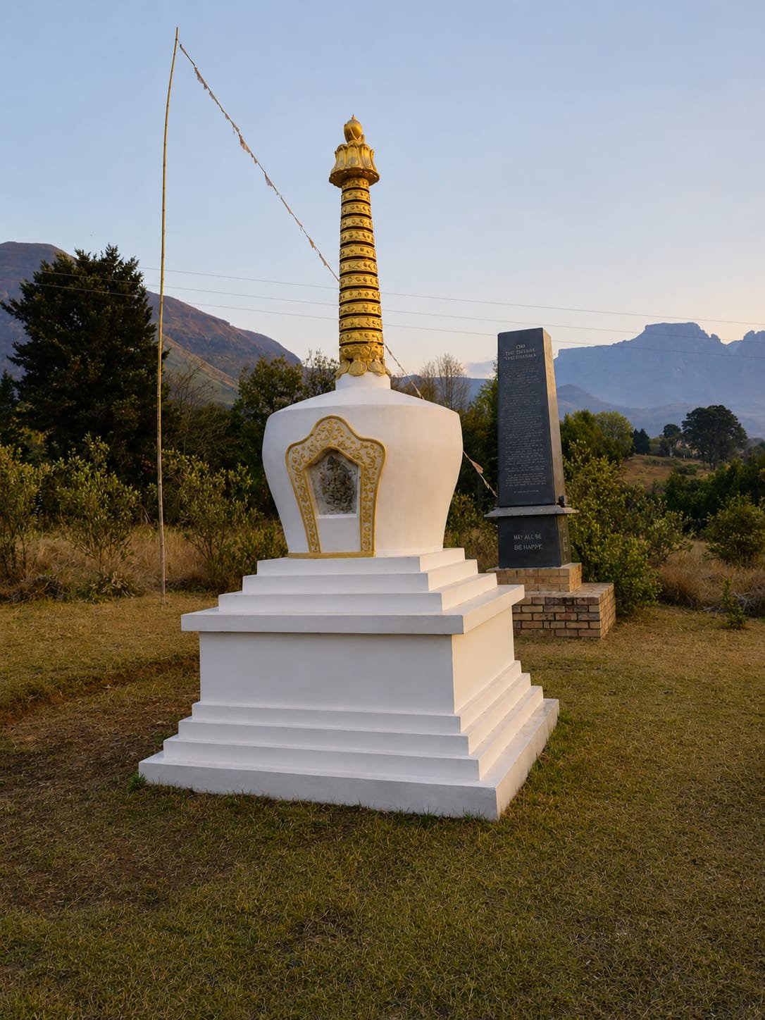 The stupa at Shiva Kshetra with a prayer flag and the Drakensberg mountains behind at golden hour